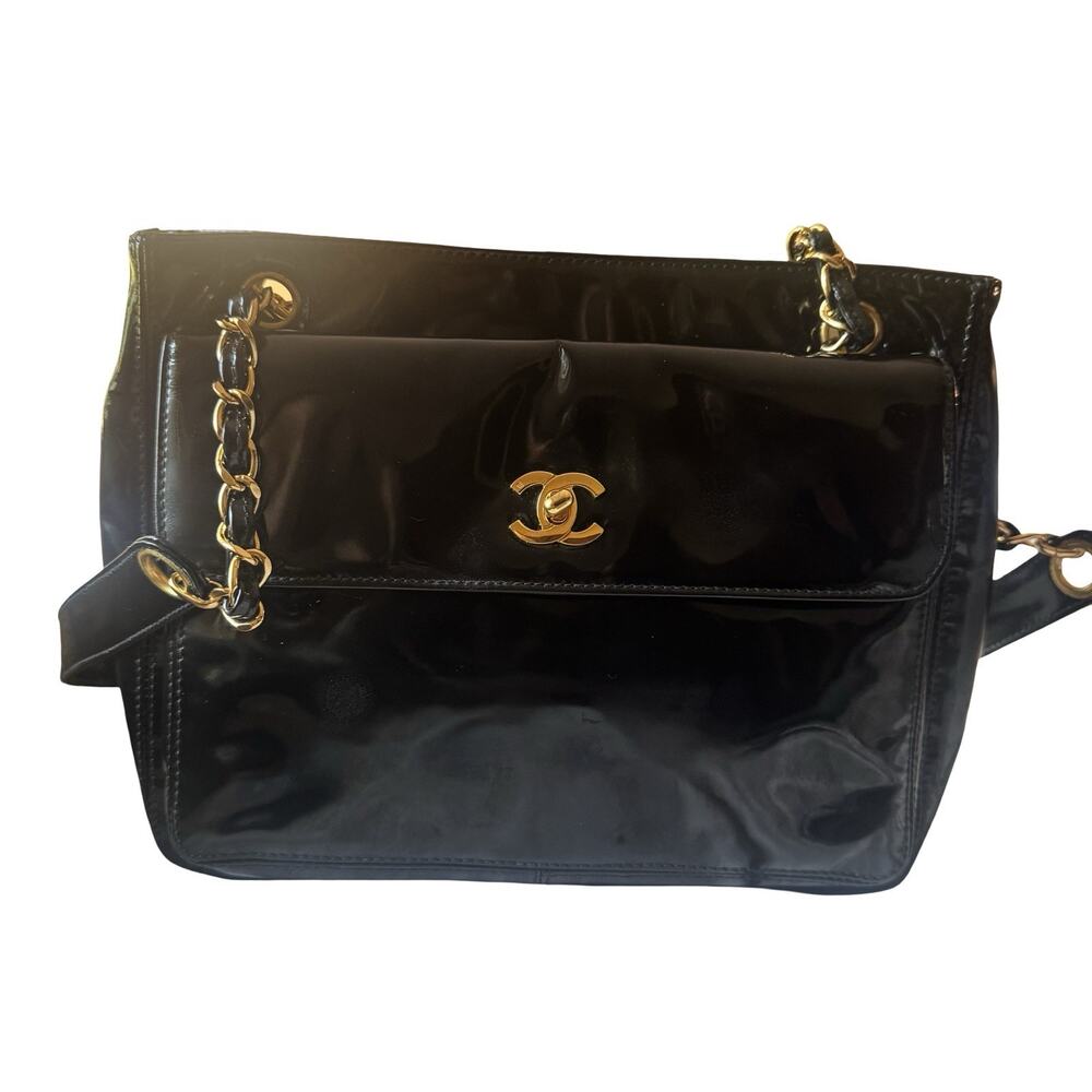 Authentic CHANEL Vintage Black Patent Leather Shoulder Bag 1980s Era